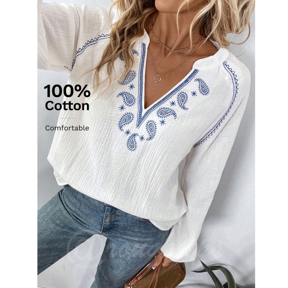 100% Cotton Embroidered White Long Sleeve Shirt V-Neck